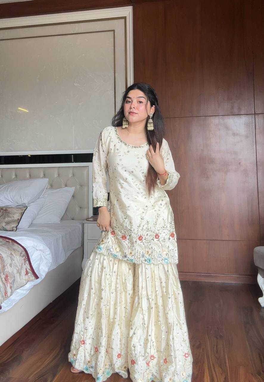 Chinon Sharara Salwar Embroidery Suits Manufacturer - MYLUXURY LANE ENTERPRISE